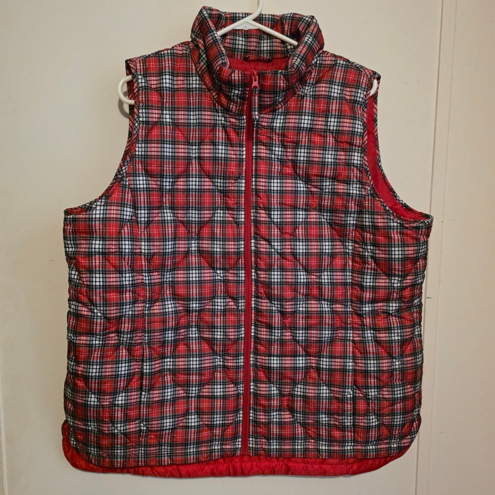 Lands End Womens Puffer Vest Size 1X Red Plaid Quilted Full Zip Sleeveless Coat